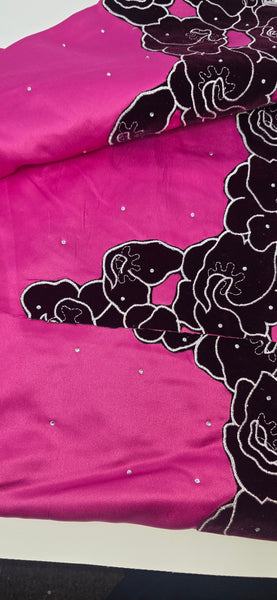 Stoned Satin Fabric with Velvet Applique Border